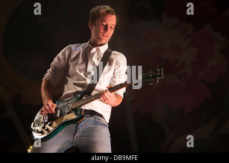 Bassist Chris Baio for American indie rock band Vampire Weekend on stage at the Optimus Alive festival 2013, Lisbon, Portugal. Stock Photo