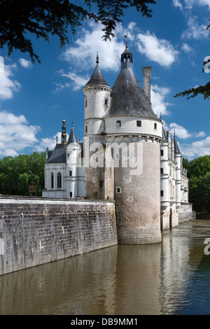A portrait view of Château Chenonceau in the Loire valley, France showing the river and towers Stock Photo