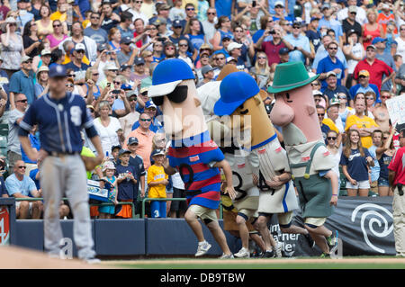June 26, 2011 - Milwaukee, Wisconsin, U.S - The Brewers mini sausages wait  for the relay during the famous sausage race at Miller Park. The Milwaukee  Brewers defeated the Minnesota Twins 6-2