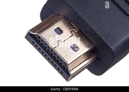 Macro Shot of a golden HDMI cable isolated on white background Stock Photo