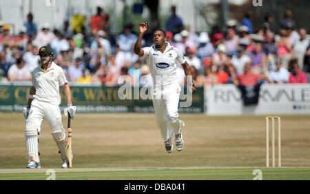 Hove UK 26 July 2013 - Sussex bowler Chris Jordan reacts after going close to taking a wicket against Australia at Hove County Ground today Stock Photo