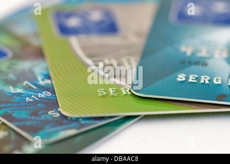 Credit bank cards set macro on white background Stock Photo