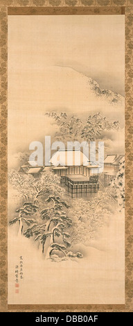 This triptych features scenes of nature in Japan, including cherry blossoms, snow-covered landscapes, and maple trees. It captures the beauty of the changing seasons in traditional Japanese artistic style. Stock Photo