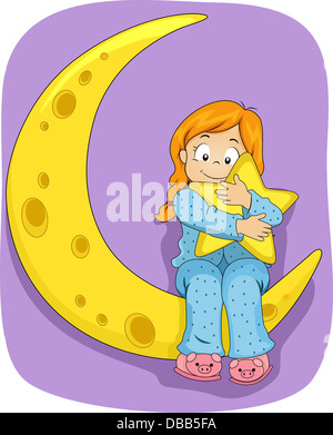 Illustration of Little Kid Girl on Pajamas sitting on the Moon while hugging a Star Stock Photo