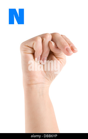 N Sign Language Real Hand Woman, hand and letter N or alphabet in studio for advertising ...