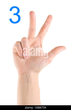 Hand showing number three isolated on a white background Stock Photo