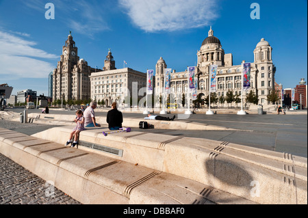 Evening at Pier Head with the Three Graces (Royal Liver Building, Cunard Building, Port Of Liverpool Building), Liverpool, UK Stock Photo