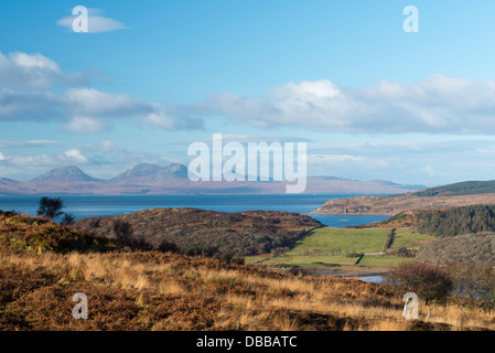 The view from Dunsceag near Clachan Kintyre Argyll Scotland looking across West Loch Tarbert  and the Sound of Gigha to Jura Stock Photo