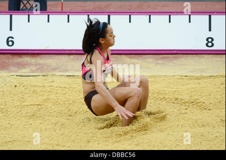 LONDON, UK. Saturday 27th July 2013. Katarina Johnson-Thompson leaps to claim 1st place in the Women's Long Jump event at the 2013 IAAF Diamond League Sainsbury's Anniversary Games held at the Queen Elizabeth Olympic Park Stadium in London. Credit:  Russell Hart/Alamy Live News. Stock Photo