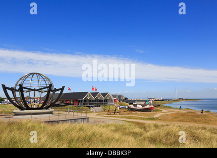 Globe monument by Fiskeriets Hus Museum on Ringkobing Fjord to drowned rescuers. Hvide Sande, Central Jutland, Denmark Stock Photo