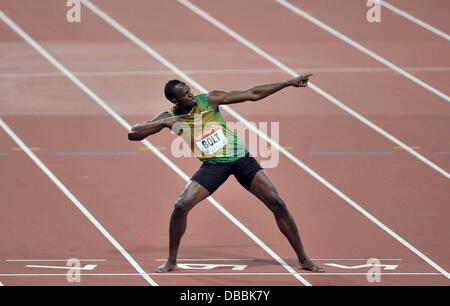 London, UK. 26th July, 2013. Ussain Bolt (JAM) celebrates. Sainsburys Anniversary Games. IAAF Diamond League. Olympic Stadium. Queen Elizabeth Olympic Park. Stratford. London. UK. 26/07/2013. Credit:  Sport In Pictures/Alamy Live News Stock Photo