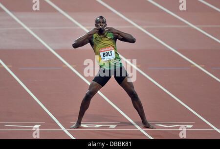 London, UK. 26th July, 2013. Ussain Bolt (JAM) celebrates. Sainsburys Anniversary Games. IAAF Diamond League. Olympic Stadium. Queen Elizabeth Olympic Park. Stratford. London. UK. 26/07/2013. Credit:  Sport In Pictures/Alamy Live News Stock Photo