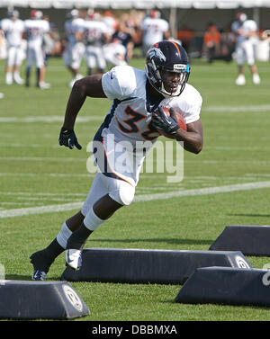 Englewood, Colorado, USA. 27th July, 2013. Denver Broncos RB MONTEE BALL goes through RB drills during Training Camp at Dove Valley Saturday Morning. Credit:  Hector Acevedo/ZUMAPRESS.com/Alamy Live News Stock Photo