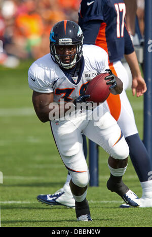 Englewood, Colorado, USA. 27th July, 2013. Denver Broncos RB MONTEE BALL, goes through RB drills during Training Camp at Dove Valley Saturday Morning. Credit:  Hector Acevedo/ZUMAPRESS.com/Alamy Live News Stock Photo