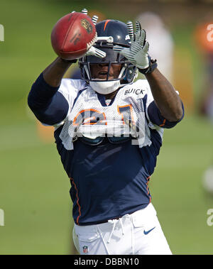 Englewood, Colorado, USA. 27th July, 2013. Denver Broncos RB RONNIE HILLMAN catches a pass as he goes through drills during Training Camp at Dove Valley Saturday Morning. Credit:  Hector Acevedo/ZUMAPRESS.com/Alamy Live News Stock Photo