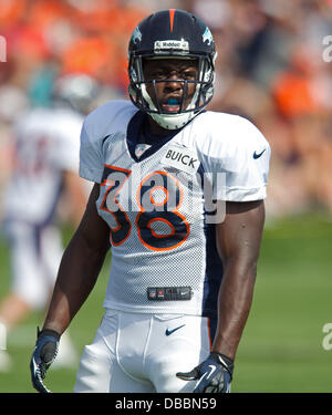 Englewood, Colorado, USA. 27th July, 2013. Denver Broncos RB MONTEE BALL readies to enter a RB drill during Training Camp at Dove Valley Saturday Morning. Credit:  Hector Acevedo/ZUMAPRESS.com/Alamy Live News Stock Photo