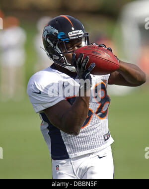 Englewood, Colorado, USA. 27th July, 2013. Denver Broncos RB MONTEE BALL catches a pass during RB drills during Training Camp at Dove Valley Saturday Morning. Credit:  Hector Acevedo/ZUMAPRESS.com/Alamy Live News Stock Photo