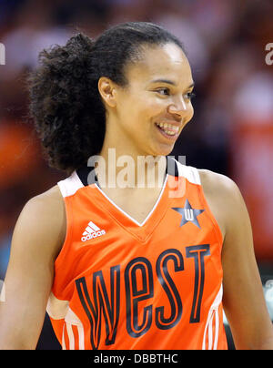 Uncasville, Connecticut, USA. 27th July, 2013. Western Conference guard Kristi Toliver (20) of the Los Angeles Sparks smiles during the 2013 WNBA All-Star game at Mohegan Sun Arena. The Western Conference defeated the East 102-98. Anthony Nesmith/CSM/Alamy Live News Stock Photo
