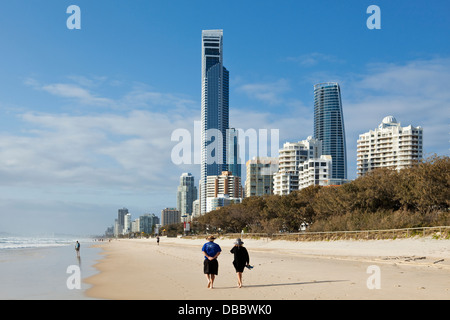 Gold Coast Skyline With People Walking On Beach, Gold Coast, Queensland ...