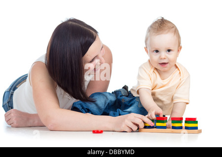 mother and baby play with wooden toy Stock Photo