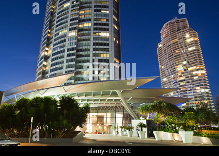 The Q1 Tower - Australia's highest residential tower, illuminated at twilight. Surfers Paradise, Gold Coast, Queensland, Austral Stock Photo