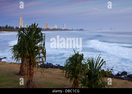 View along the coast at twilight, viewed from Burleigh Heads. Burleigh Heads, Gold Coast, Queensland, Australia