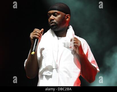 Paaren im Glien, Germany. 27th July, 2013. Rapper Masta Killa of the US hip hop group Wu-Tang Clan is pictured on a stage of the Greenville Festival in Paaren im Glien, Germany, 27 July 2013. The music festival is featured between 26. and 28 July 2013 near Berlin. Photo: Britta Pedersen/dpa/Alamy Live News Stock Photo