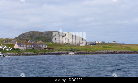 A view of the island of Iona and the abbey from the ferry Stock Photo