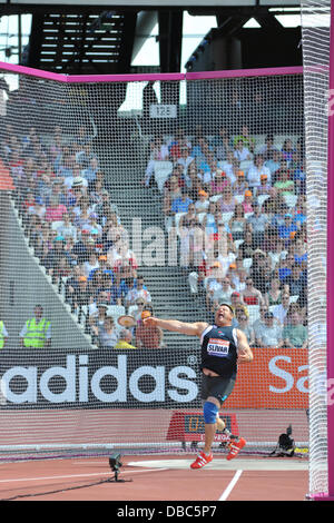 London, UK. 28th July, 2013. Josip Silvar (CRO) throwing during the Men’s F44 Discuss final at the Sainsbury's Anniversary Games, Queen Elizabeth Olympic Park, London. Credit:  Michael Preston/Alamy Live News Stock Photo