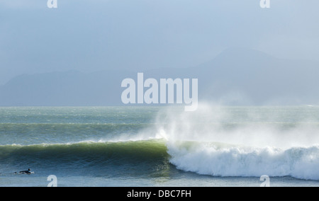 Surfer with waves breaking under the shadow of Croagh Patrick, Co Mayo Ireland Stock Photo