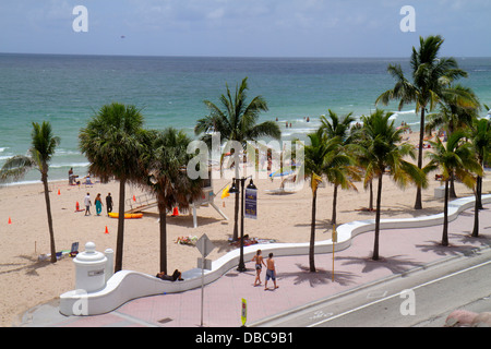 Fort Ft. Lauderdale Florida,South Fort Lauderdale Beach Boulevard,A1A,sunbathers,Atlantic Ocean,sand,palm trees,seawall,sea wall,looking FL130720169 Stock Photo