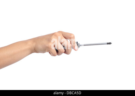 Woman hand holding a phillips screwdriver isolated on a white background Stock Photo