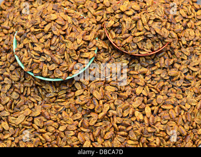 Beoundegi silkworm pupa for sale as a snack in Seoul, South Korea. Stock Photo