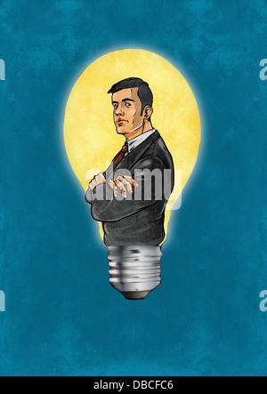 Illustrative image of businessman with arms crossed in light bulb representing business innovation Stock Photo