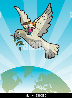 Illustration of kids on dove over earth representing future generation Stock Photo