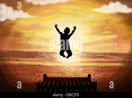 Illustration of teenage boy diving in lake at sunset Stock Photo