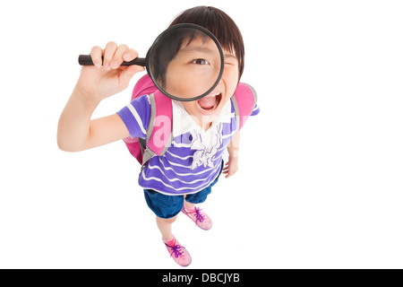 happy school little girl holding magnifier Stock Photo