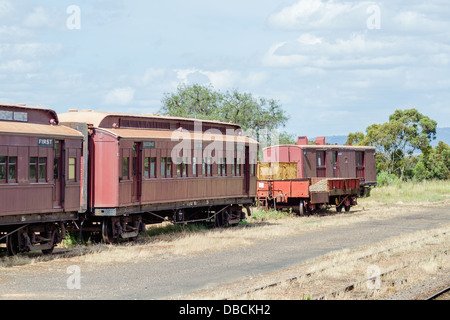 Old train carriages at Maldon railway station in rural Victoria Australia Stock Photo