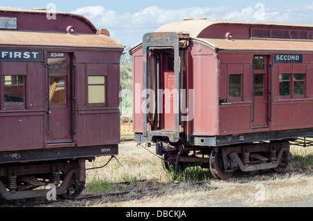 Old train carriages at Maldon railway station in rural Victoria Australia Stock Photo