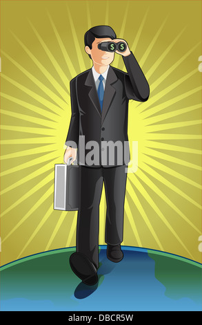 Illustrative image of businessman with briefcase looking through binoculars representing market analysis Stock Photo