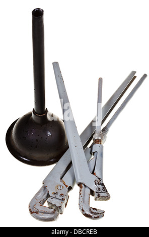 used pipe wrenches and plunger isolated on white background Stock Photo