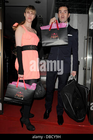 Jimmy Carr and his girlfriend leaving the 30th Anniversary of The Roof Top Gardens Kensington. At the end he thanked everyone for the attention and stated its not like we are going to see it in the papers but thanks. London, England - 06.06.2011 Stock Photo