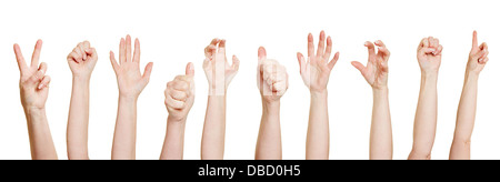 Many hands making different gestures like fists or thumbs up Stock Photo
