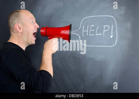 Concept for need help! profile on man asking for help using megaphone Stock Photo