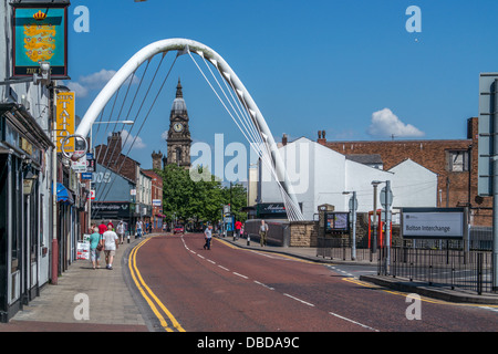 looking along the road under the archway towards Bolton Town hall, Bolton Town Center, Stock Photo