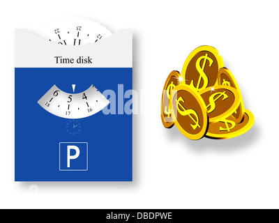 parking disk and golden coins against white background, abstract vector art illustration, image contains transparency Stock Photo