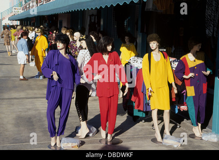 Colorful mannequins dressed in various fashions decorate the sidewalks outside garment stores in the Fashion District of Los Angeles, California, USA. Stock Photo