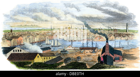 View of Baltimore, Maryland, from Federal Hill, 1850s. Hand-colored woodcut Stock Photo