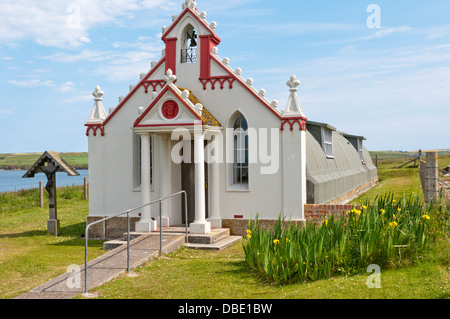 The chapel on Lamb Holm built from two Nissen huts by Italian prisoners of war in the 1940s. Stock Photo