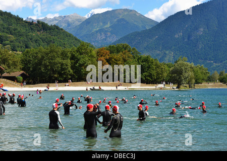 Europe, France, French Alps, Haute-Savoie, Passy, Passy Triathlon, swimmers warming up Stock Photo